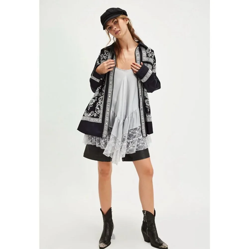 Free People Lace Embroidered Denim Buttondown Shirt